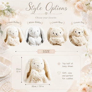 May include: A product display showing style options for plush toys including Cream Rabbit, White Rabbit, Cream Bear, and Cream Dog. A central image of a cream rabbit lovey includes dimensions of 13 inches by 7.9 inches and text labels.