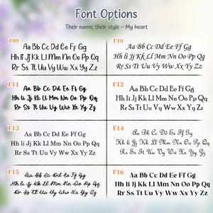 May include: A chart titled Font Options with the subtitle Their name, their style &ndash; My heart, displaying eight distinct black typeface styles labeled F09 through F16. Each option presents the full uppercase and lowercase alphabet in a grid.