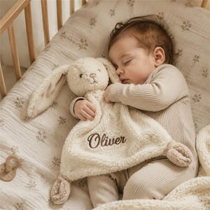 Personalized Baby Lovey Blanket Custom Name Bunny Security Blanket Plush Toy Newborn Comforter Baby Shower Gift Embroidered Security Blanket image 2