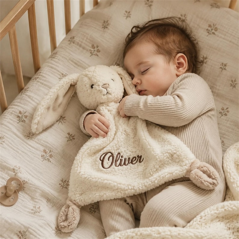 Personalized Baby Lovey Blanket Custom Name Bunny Security Blanket Plush Toy Newborn Comforter Baby Shower Gift Embroidered Security Blanket image 2