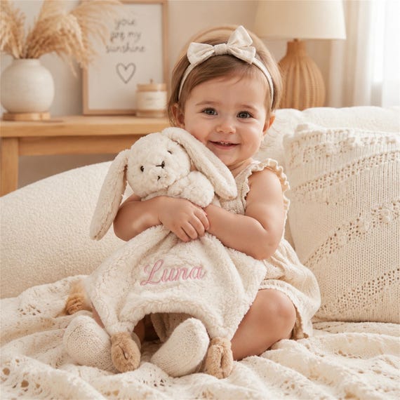 Personalized Baby Lovey Blanket Custom Name Bunny Security Blanket Plush Toy Newborn Comforter Baby Shower Gift Embroidered Security Blanket
