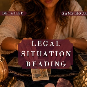 May include: A tarot card reading setup featuring a deck of cards, including The Star card, on a dark velvet cloth. The text reads DETAILED, SAME HOUR, and LEGAL SITUATION READING. Two lit candles in textured holders and several crystals are visible.