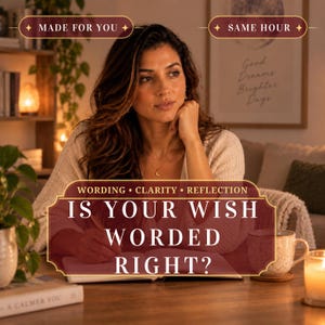 May include: A person writing in a notebook with a pen, wearing a cream-colored sweater. Text overlays read: MADE FOR YOU, SAME HOUR, WORDING • CLARITY • REFLECTION, and IS YOUR WISH WORDED RIGHT? The scene includes a mug, a candle, and a book.