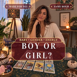 May include: A tarot card reading setup featuring a dark green cloth with gold celestial patterns, multiple tarot cards laid out, incense sticks in a holder, crystals, and candles. Text overlays read MADE FOR YOU, SAME HOUR, and BABY GENDER ENERGY BOY OR GIRL?