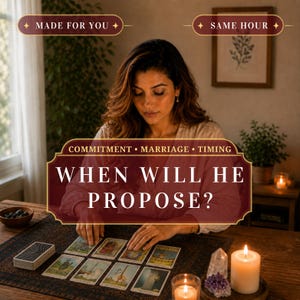 May include: A tarot card reading service advertisement featuring the text "MADE FOR YOU", "SAME HOUR", "COMMITMENT • MARRIAGE • TIMING", and "WHEN WILL HE PROPOSE?" displayed over a person arranging eight tarot cards on a dark patterned mat.