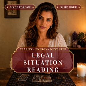 May include: A digital graphic for a legal situation reading service featuring text that reads MADE FOR YOU, SAME HOUR, CLARITY, ENERGY, NEXT STEP, and LEGAL SITUATION READING. The design includes a dark background with tarot cards on a mat.