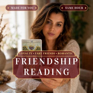 May include: A tarot card featuring the Lovers VI illustration held up, with text overlays reading MADE FOR YOU, SAME HOUR, LOYALTY, FAKE FRIENDS, ROMANTIC, and FRIENDSHIP READING in a dark red and gold decorative frame design.