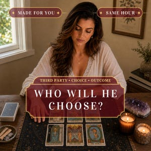 May include: A tarot card reading setup featuring six cards laid out on a dark celestial-themed mat. The cards include The Sun, The Star, The Moon, The High Priestess, The Lovers, and The World. Text overlays read MADE FOR YOU, SAME HOUR, and WHO WILL HE CHOOSE?
