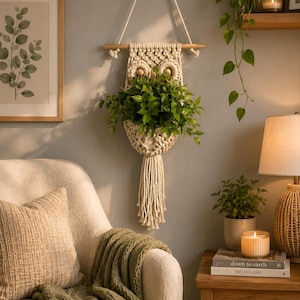 May include: A cream-colored macrame wall hanging shaped like an owl, featuring a wooden dowel, knotted cord patterns, and two circular wooden eyes. The piece holds a green leafy plant and includes a long, fringed tassel at the bottom.