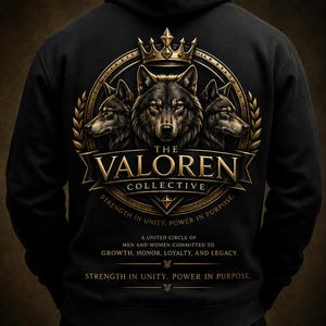 May include: A black hoodie featuring a gold and black graphic on the back. The design displays three wolf heads beneath a crown, enclosed in a circular frame. Text reads: THE VALOREN COLLECTIVE, STRENGTH IN UNITY, POWER IN PURPOSE, and additional text.