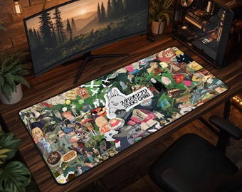 Peut inclure: Un tapis de bureau rectangulaire présentant un collage vibrant de divers personnages et scènes du Studio Ghibli. Le centre affiche un graphique blanc de Totoro avec le texte "スタジオジブリ STUDIO GHIBLI" imprimé en noir. Le tapis a une bordure noire.