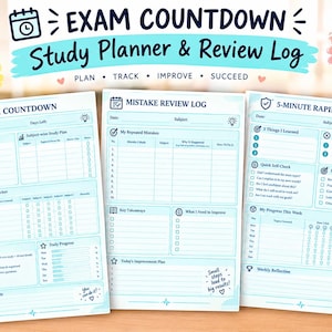 Puede incluir: Un conjunto de 20 páginas imprimibles de planificador de estudios y registro de revisión tituladas Exam Countdown, con secciones para objetivos, seguimiento semanal, revisión de errores y revisiones rápidas en azul sobre fondo blanco.