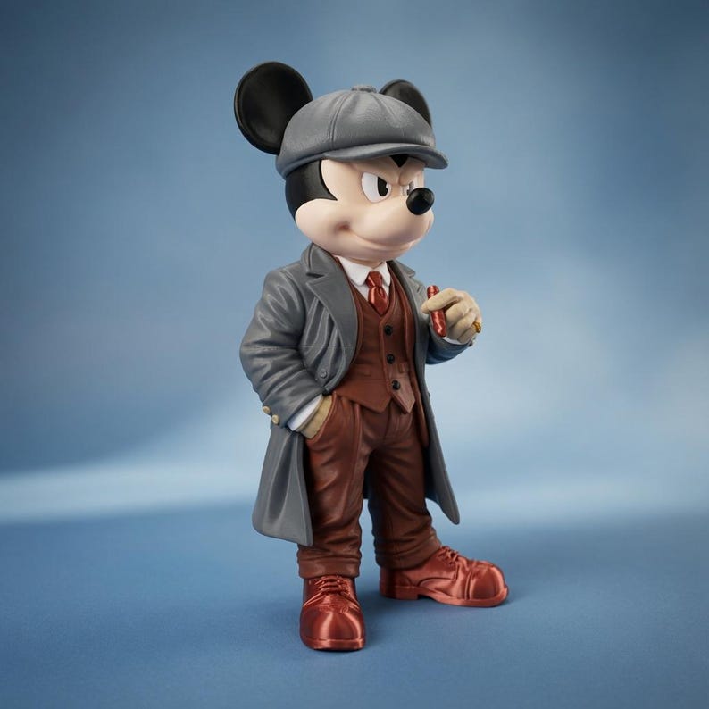 Mickey Mouse gangster statue side view showing long coat and flat cap