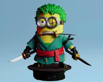 Minion Zoro-figuur | Anime mashup-standbeeld zwaardvechter | Handgemaakte tekenfilmcollectie | Fanart-cadeau