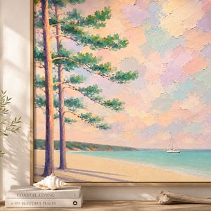 パステル調の海景プリント｜海岸の松林とビーチの壁掛けアート（デジタルダウンロード）