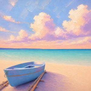 以下が含まれることがあります： 砂浜に置かれた水色のボートを描いた油絵。穏やかなターコイズブルーの海と、柔らかいピンクや紫の雲が浮かぶ空が描かれています。厚みのある質感の筆致が、夕暮れの光を捉えています。