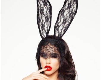 HALLOWEEN Black lace bunny ears, dress up, burlesque, drag, fancy dress, gothic, cosplay UK