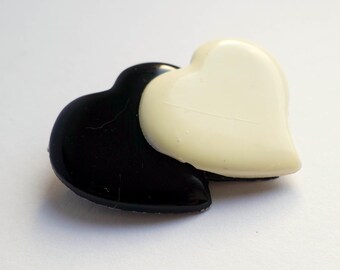 Black White Heart Brooch, Plastic Pin