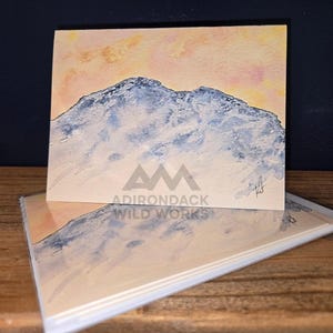 Watercolor Notecard: Blue Adirondack Mountain with Orange Sunrise