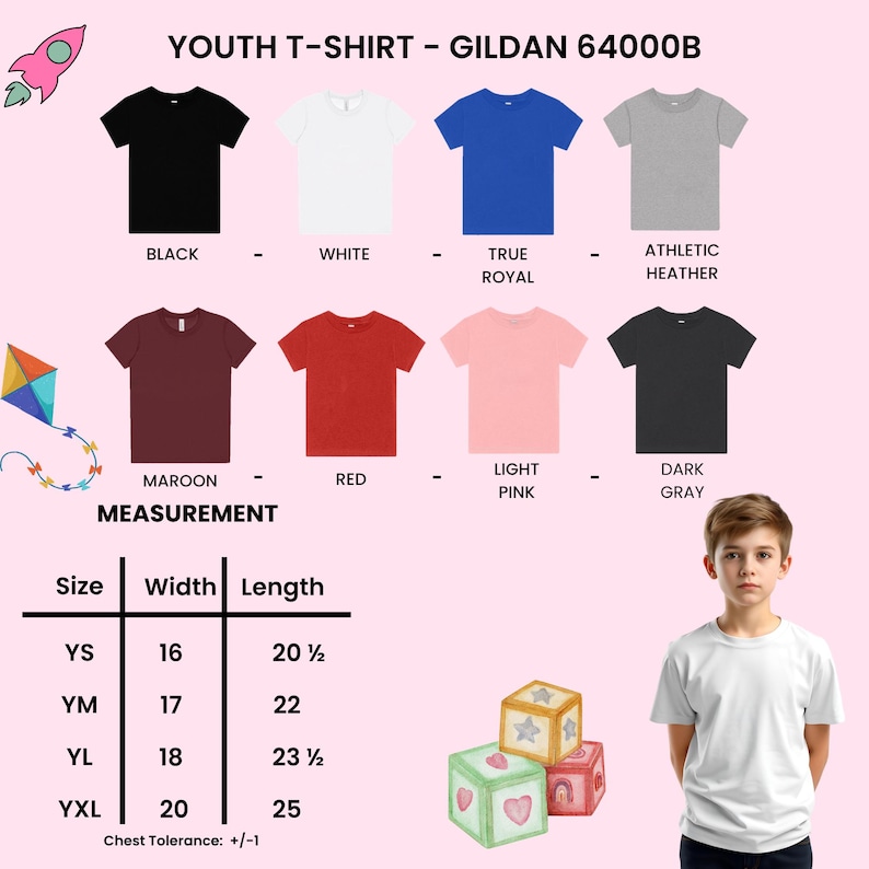 Op de afbeelding: Een Gildan 64000B jeugd-t-shirt kleurenkaart met zwart, wit, koningsblauw, sportgrijs, bordeauxrood, rood, lichtroze en donkergrijs. Bevat een maattabel met breedte en lengte in inches voor de maten YS, YM, YL en YXL, plus een borsttolerantie van +/- 1 inch.