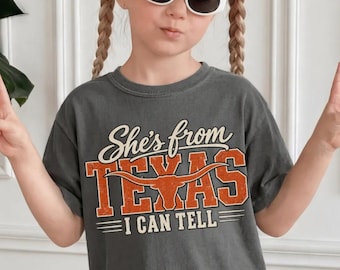 Comfort Colors® She's From Texas I Can Tell Kids Shirt, Western Cowgirl Tee, Retro Texas Toddler Shirt, Southern Girl Gift