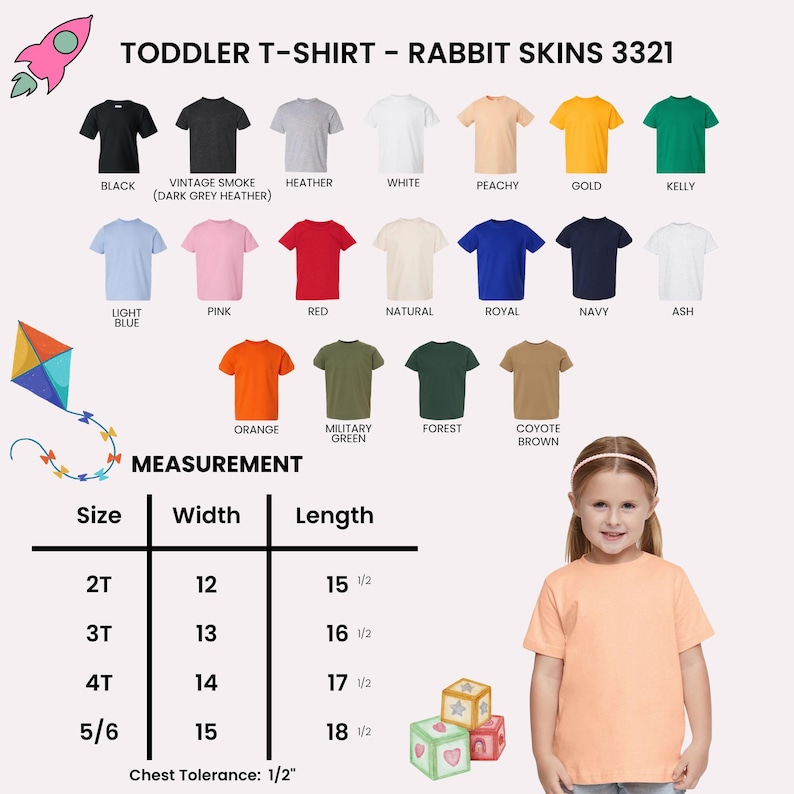 Op de afbeelding: Een kleurenkaart voor Rabbit Skins 3321 peuter-t-shirts met 17 effen kleuropties, waaronder zwart, vintage smoke, heather, wit, perzik, goud, kellygroen, lichtblauw, roze, rood, naturel, koningsblauw, marineblauw, as, oranje, militair groen, bosgroen en coyotebruin.