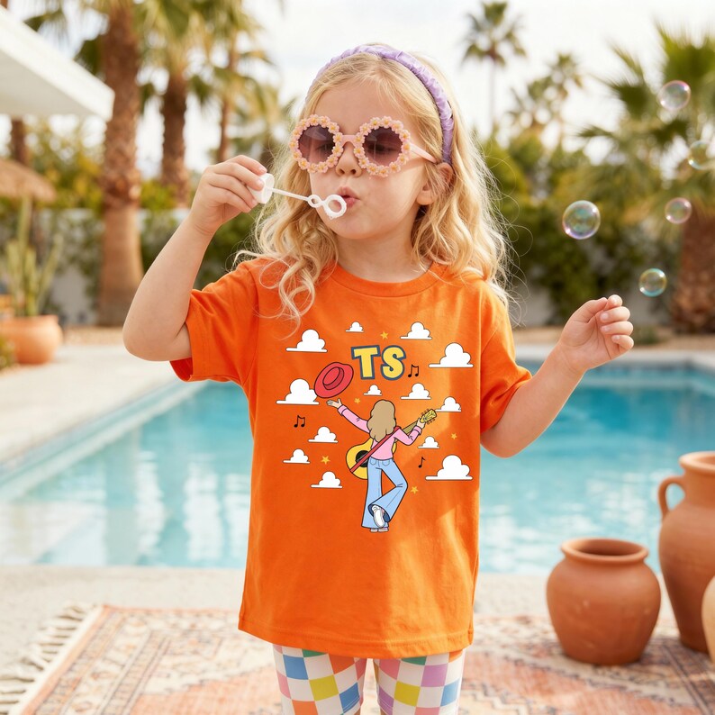 Op de afbeelding: Een oranje T-shirt met korte mouwen en een grafische print van een persoon met lang haar die gitaar speelt, een broek met wijde pijpen draagt en een rode hoed vasthoudt. Het ontwerp bevat witte wolken, muzieknoten en de gele tekst TS.