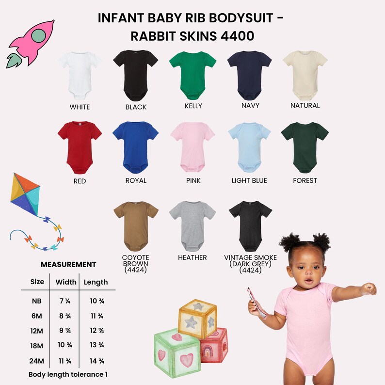 Op de afbeelding: Baby rib rompertjes van Rabbit Skins 4400 in diverse kleuren zoals wit, zwart, kelly, marine, naturel, rood, royal, roze, lichtblauw, bosgroen, coyote bruin, heather en vintage smoke, met een maattabel in inches en een afbeelding van een baby.