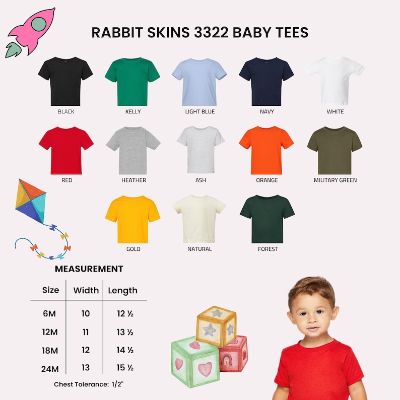 Op de afbeelding: Een kleurenkaart voor Rabbit Skins 3322 baby-t-shirts met veertien effen t-shirts in zwart, kelly, lichtblauw, marine, wit, rood, heather, as, oranje, militair groen, goud, naturel en bosgroen. Inclusief een maattabel in centimeters.