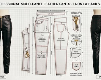 Patron de couture professionnel pour pantalons en cuir multi-panneaux fabriqués à la main et pack technique Vues de face et de dos