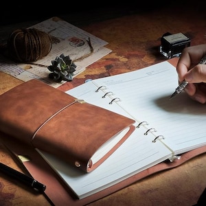 May include: A brown leather-look journal with a metal ring binder mechanism, featuring lined white paper pages. A closed journal rests atop an open one, accompanied by a black fountain pen and a small glass inkwell on a vintage map-patterned surface.