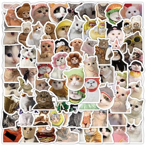 May include: A collection of numerous die-cut stickers featuring cats in various costumes, including hats, food-themed outfits, and accessories, with diverse expressions and poses arranged in a dense, overlapping collage on a white background.