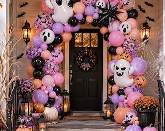 154Pcs Pink Halloween Balloon Arch Kit,  Pink black purple pastel Orange Balloon for Halloween