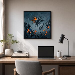 Tystnad - Abstrakt orfistisk konsttryck | Mörk kosmisk digital nedladdning | Minimalistisk sol- och måneväggkonst | Hög upplösning