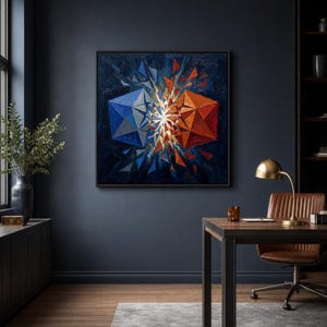 Konflikten - Abstrakt orfistisk konsttryck | Blå-orange geometrisk nedladdning | Filosofisk väggkonst | Hög upplösning