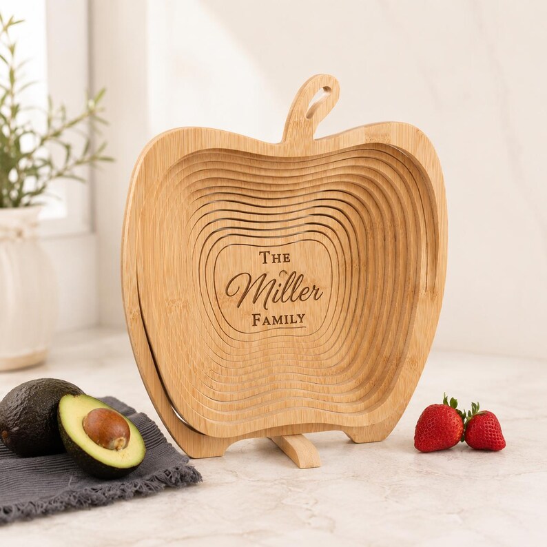 Personalized Wooden Fruit Basket, Folding Fruit Bowl, Christmas Gift, Housewarming Gift, Kitchen Decor, Custom Family Gift, Farmhouse Decor image 8
