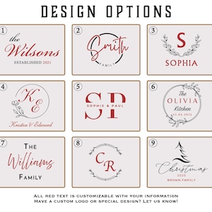 May include: A grid of nine rectangular design options labeled 1 through 9, featuring various custom typography and graphic elements in red and black. The text includes names like The Wilsons, Smith, Sophia, Kristen & Edward, Sophie & Paul, The Olivia Kitchen, The Williams Family, CR, and Christmas 2025 Brown Family.