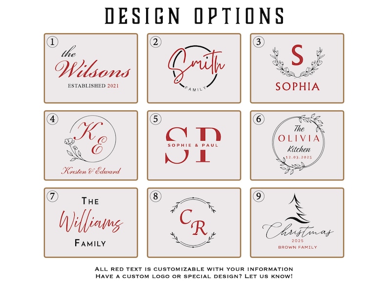 May include: A grid of nine rectangular design options labeled 1 through 9, featuring various custom typography and graphic elements in red and black. The text includes names like The Wilsons, Smith, Sophia, Kristen & Edward, Sophie & Paul, The Olivia Kitchen, The Williams Family, CR, and Christmas 2025 Brown Family.