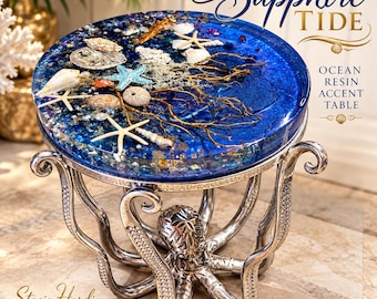 Sapphire Tide Ocean Resin Accent Table, Silver Octopus Pedestal, Handmade Coastal Statement Furniture, One of a Kind Art