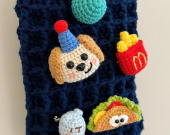 Crochet Phone Pouch, Waffle Stitch Phone Bag, Whimsical Food Charms Crochet Crossbody Bag, Textured Mobile Pouch, Kawaii Handmade Phone Case