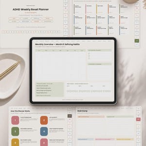 May include: A digital ADHD Weekly Reset Planner displayed on a tablet screen, surrounded by four additional planner pages showing an index, monthly overview, brain dump section, and instructions, all featuring a neutral color palette.