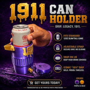 May include: A purple and gold 1911 can holder with a textured finish, featuring a gold 1911 logo, a matching purple snap-on lid, and a purple straw. The holder is designed for 12oz slim or tall cans and includes an adjustable strap for a secure grip.