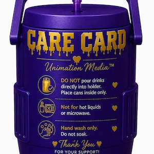 May include: A purple cylindrical beverage cooler with a handle and a straw, featuring gold text that reads CARE CARD, Unimation Media, and instructions to place cans inside only, avoid hot liquids or microwaves, and hand wash only without soaking.