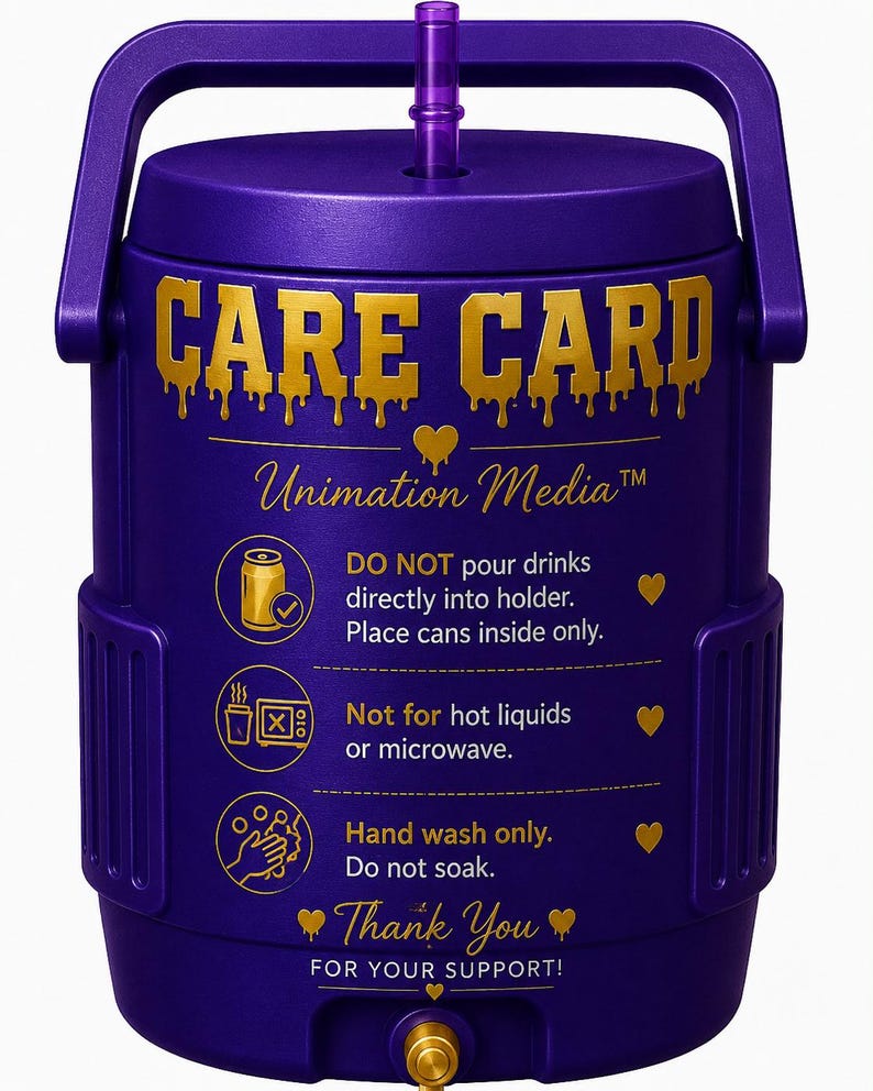 May include: A purple cylindrical beverage cooler with a handle and a straw, featuring gold text that reads CARE CARD, Unimation Media, and instructions to place cans inside only, avoid hot liquids or microwaves, and hand wash only without soaking.