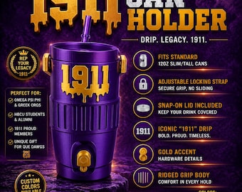 3D Printed Custom Can Holder | "1911" Drip Design | Adjustable Strap + Lid | Purple & Gold