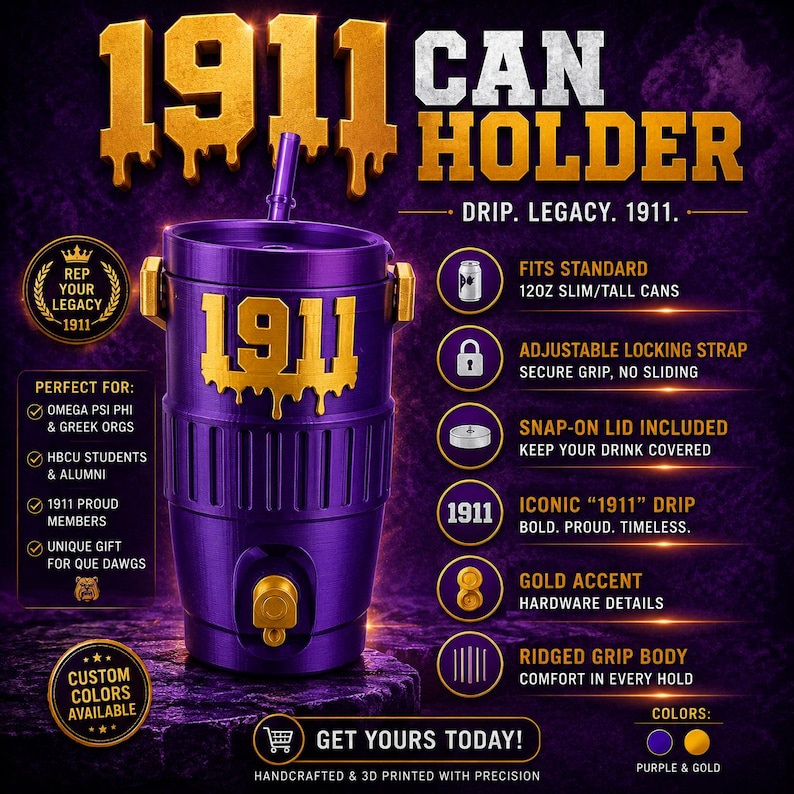 May include: A purple and gold 1911 can holder featuring a ridged grip body, a snap-on lid, and an adjustable locking strap. The text 1911 appears in gold on the front. The graphic includes icons for slim 12oz cans, a lock, a lid, and gold hardware details.