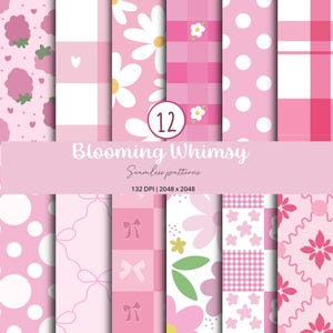 May include: A collection of 12 seamless digital patterns featuring pink and white color schemes. Designs include white daisies, pink polka dots, gingham checks, bows, and floral motifs. The text reads 12 Blooming Whimsy Seamless patterns.