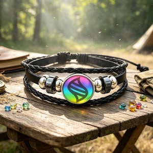 Anime Mega Stone geweven leren armband, armband met glazen cabochon