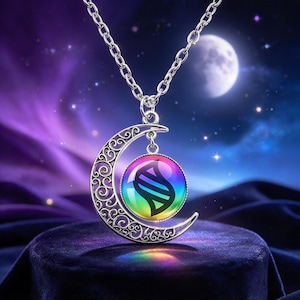 Custom Engraved Moon Pendant Necklace, Rainbow DNA Charm, Silver Filigree Jewelry