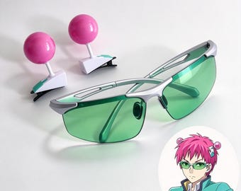 Ensemble de cosplay Saiki K : lunettes de soleil vertes, pinces à cheveux antennes roses (accessoires d’anime)